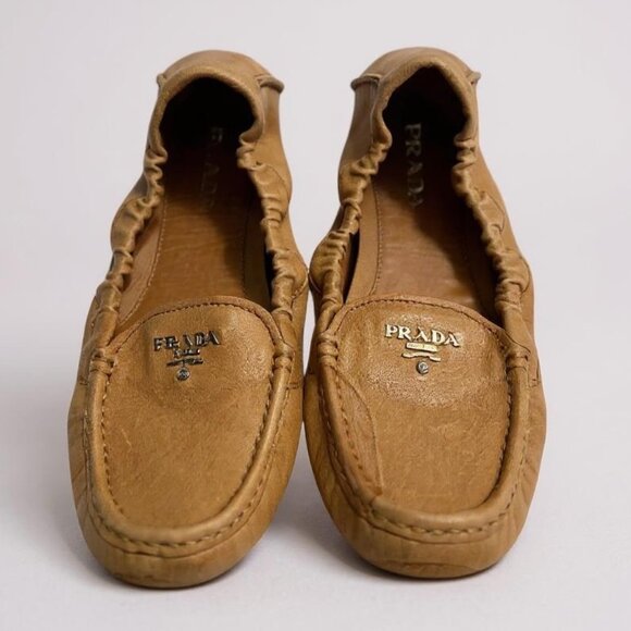 Prada Brown Leather Driving Loafers Size 39.5 EU 9 US Italy Designer Flats Shoes - Picture 1 of 6